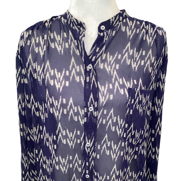 Zara Navy Blue Tribal Zigzag Chevron Striped Printed Semi Sheer Blouse - S - Picture 4 of 13